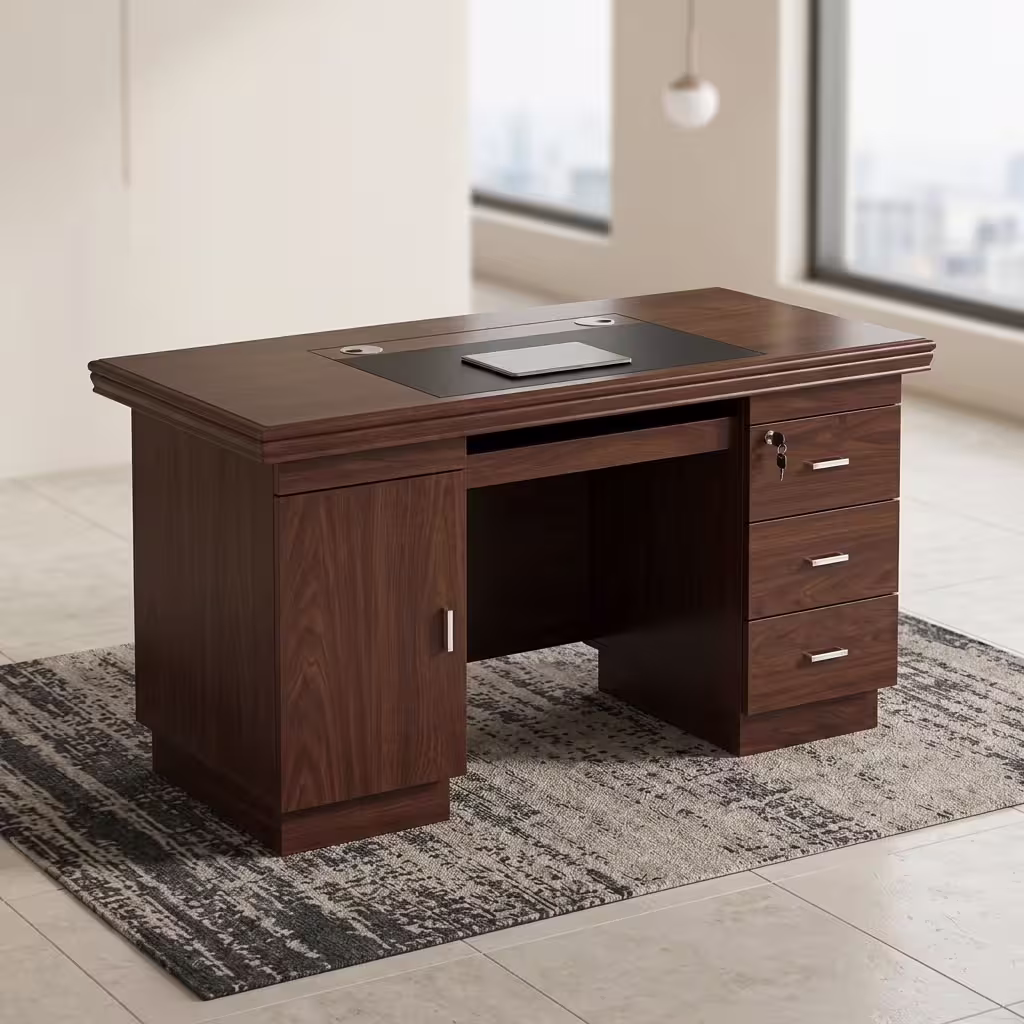 1.4M executive office desk with dark walnut finish, lockable drawers, storage cabinet, cable ports, and executive desk pad.