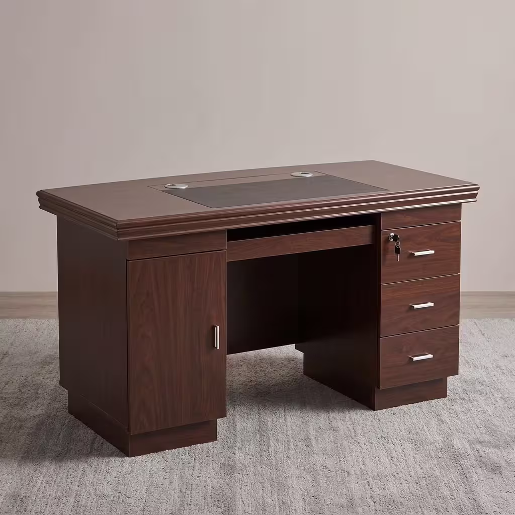 1.4M executive office desk with dark walnut finish, lockable drawers, storage cabinet, cable ports, and executive desk pad.