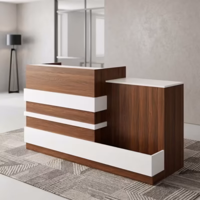 Office reception desk with wood-grain finish, white accent panels, elevated counter, and spacious workstation.