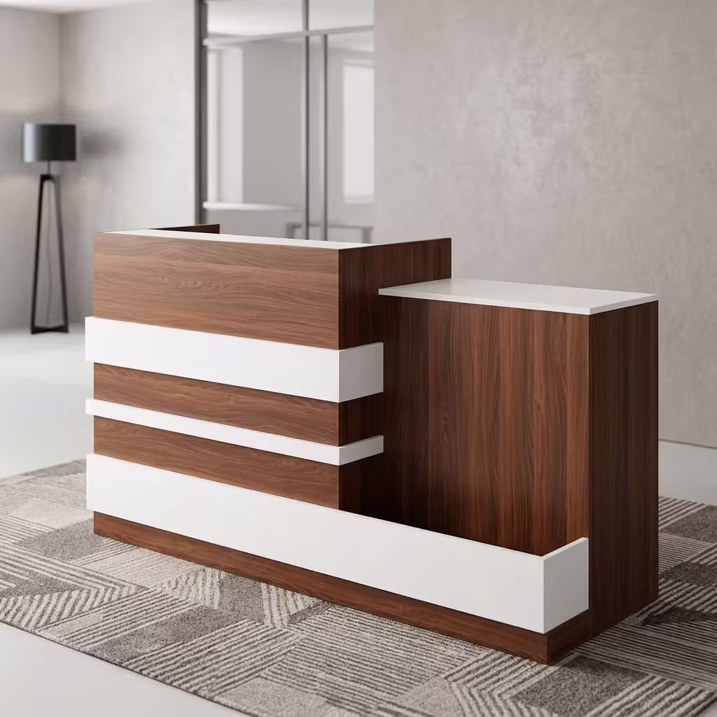 Office reception desk with wood-grain finish, white accent panels, elevated counter, and spacious workstation.