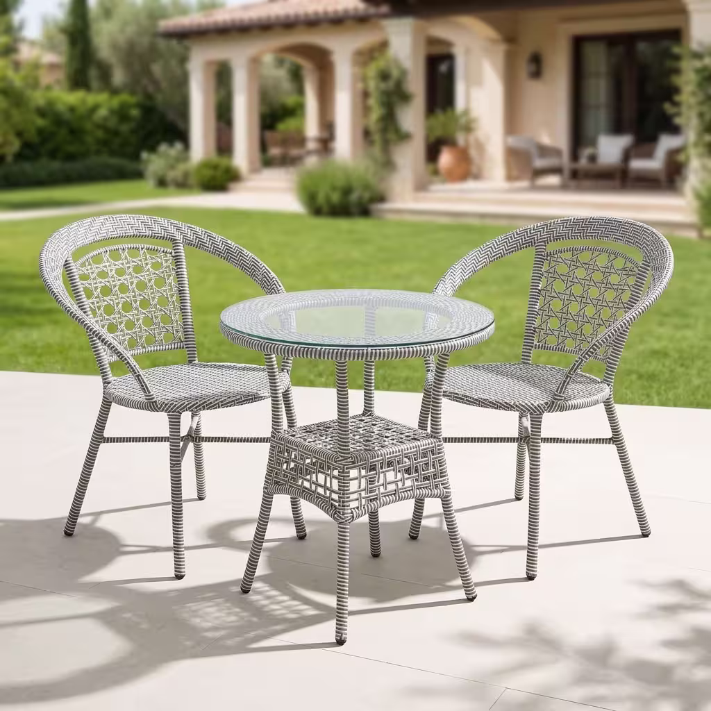 3-piece rattan outdoor set with two woven chairs and round glass-top table for patio, balcony, and garden seating.