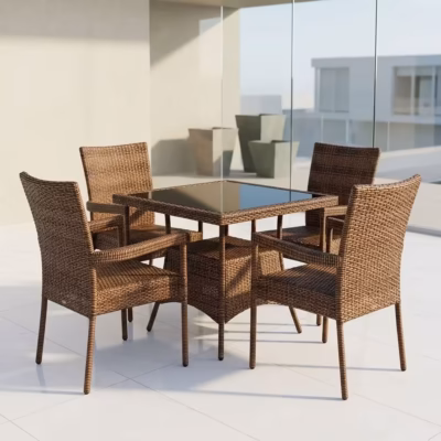 4 seater rattan set with woven brown armchairs and square glass-top table for outdoor dining and garden seating.