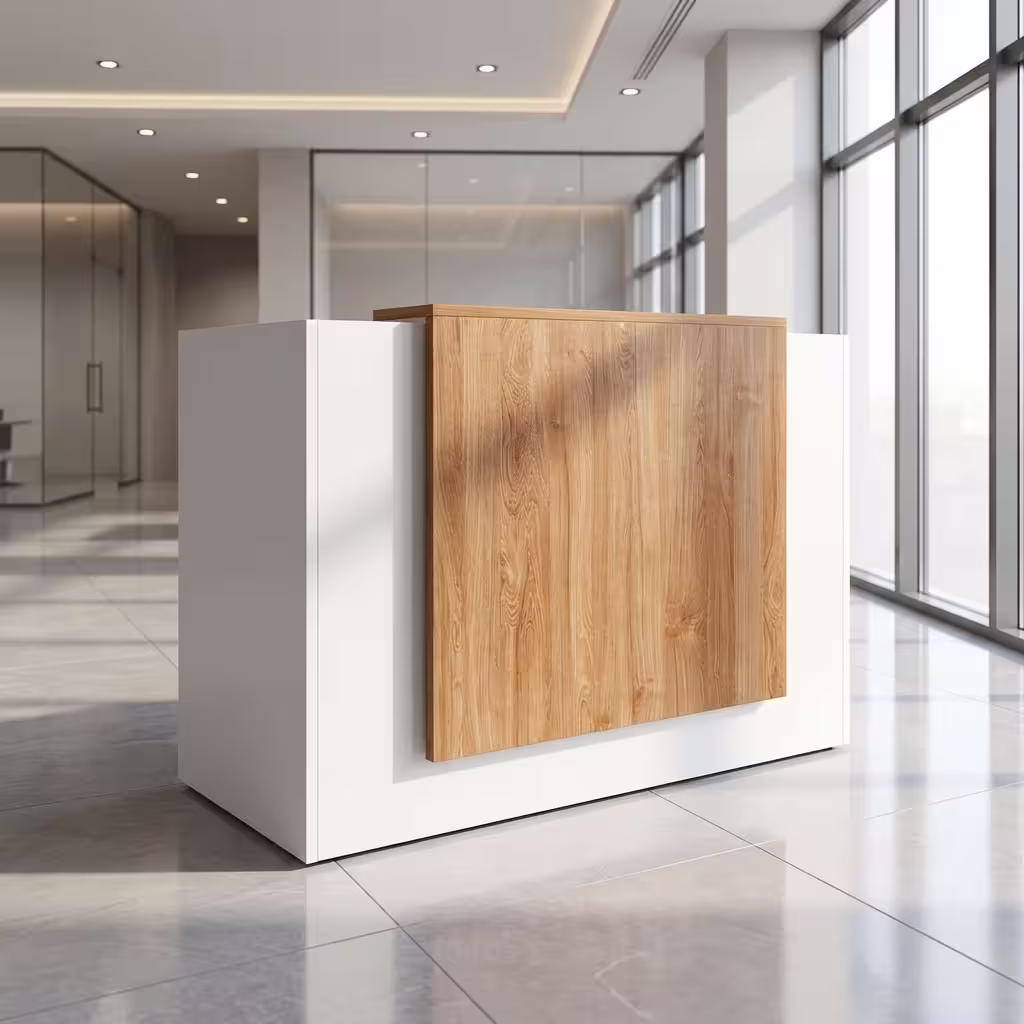 1.4M modern reception desk with white frame, walnut wood finish, lockable drawers, spacious workstation, and raised reception counter.