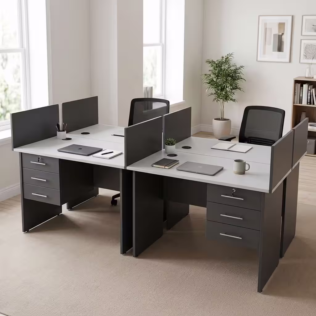 Customized 4 way workstation with privacy partitions, drawer pedestals, cable management ports, and four individual workspaces.