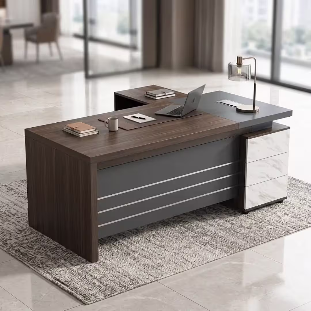 1.8M executive modern office desk with walnut finish, marble-style drawers, grey modesty panel, side return, and spacious workstation.