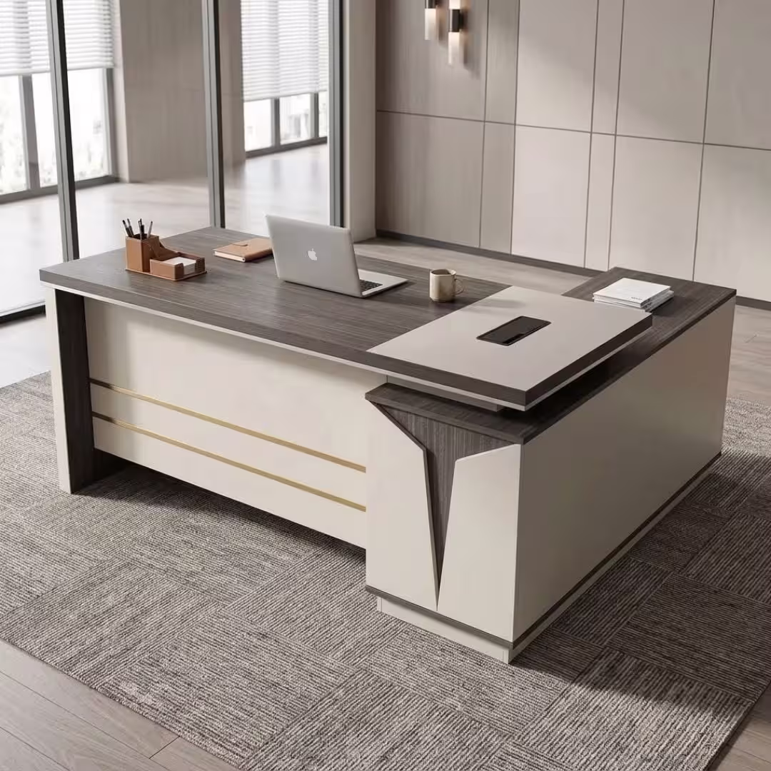 1.6M modern executive office desk with grey wood-grain finish, white accent panels, side storage unit, and spacious workstation.