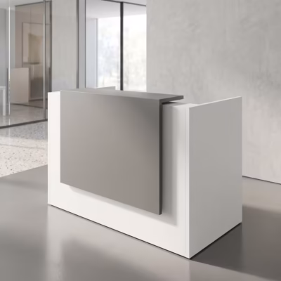 1.4M office reception counter desk with white panels, grey accents, lockable drawers, and spacious receptionist workstation.