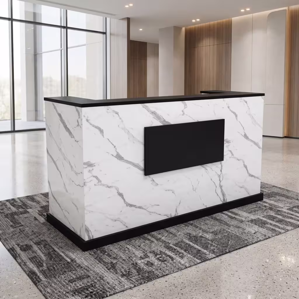 1.8M office reception desk with marble-effect finish, black accents, elevated counter, and modern reception design.