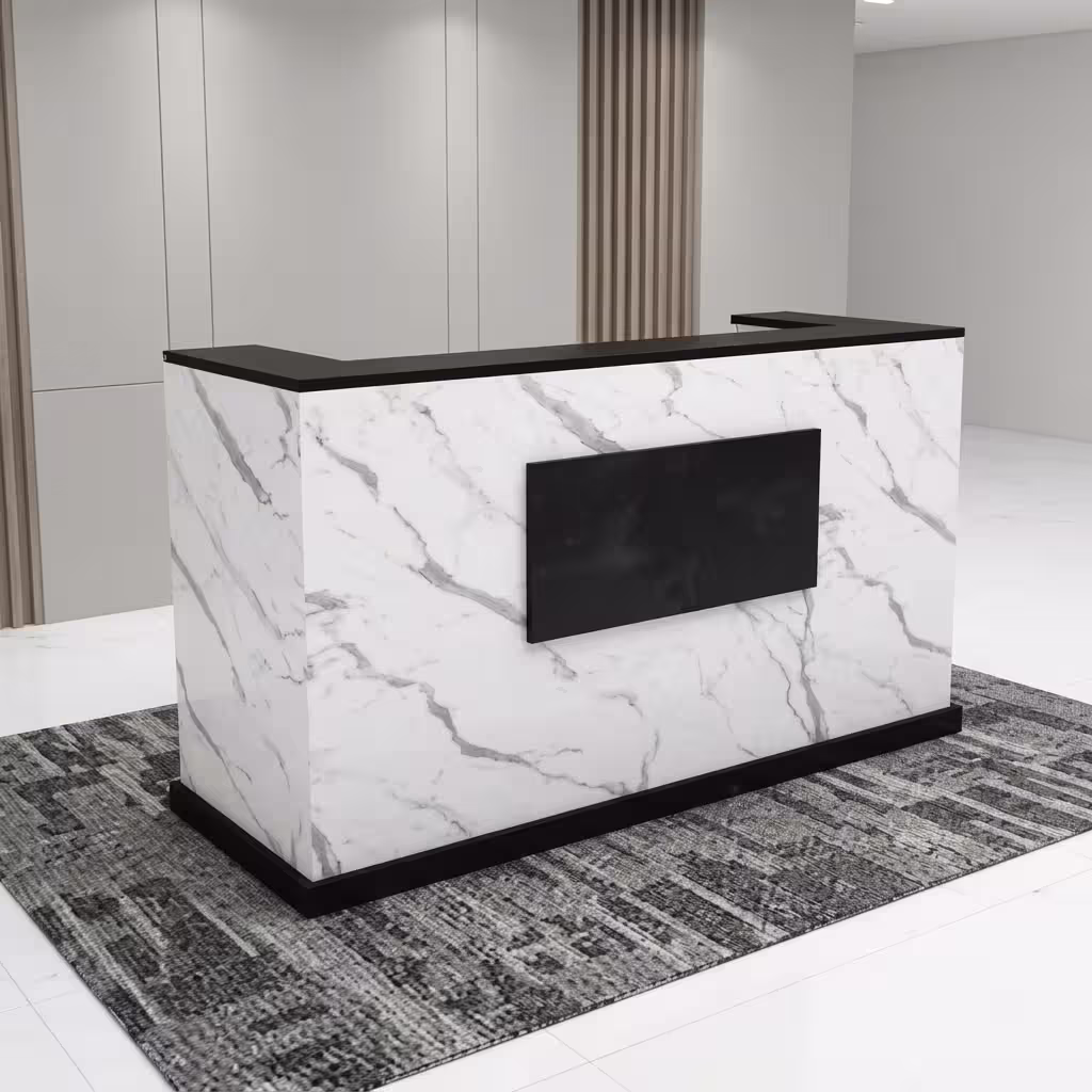 1.8M office reception desk with marble-effect finish, black accents, elevated counter, and modern reception design.