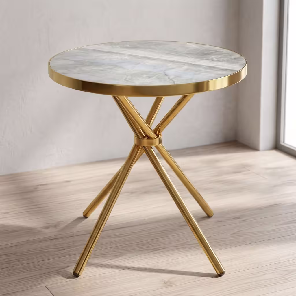 Round marble dining table with marble-effect tabletop and gold geometric metal base for modern dining spaces.